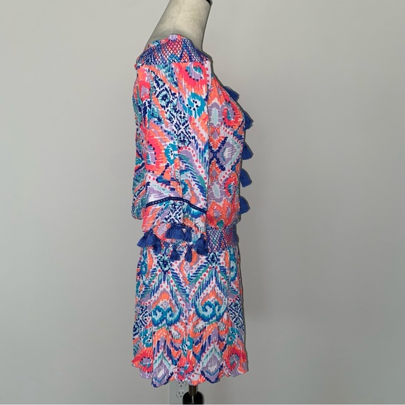 Lilly Pulitzer Joelle Dress Off Shoulder Crepe Multi Smocked Tassel M Beach - Picture 5 of 12